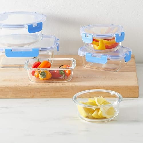 Amazon Basics Glass Food Storage Containers, Leak Proof, Oven Safe, Easy to Clean, Stain Resistant, Set of 7, 14 Pieces Including Lids, BPA-Free, Clear with Blue Silicone Ring thumbnail 2
