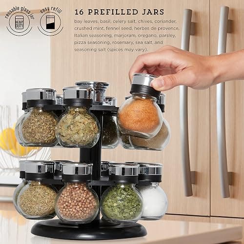 Kamenstein 16 Jar Ellington Revolving Countertop Spice Rack with Lift & Pour Caps and Spices Included, FREE Spice Refills for 5 Years: Black and Chrome thumbnail 4