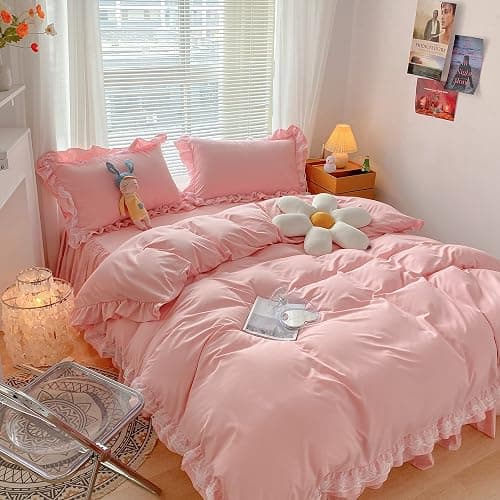 MOOWOO Chic Ruffle Lace Polyester Duvet Cover Set -Girl Pink Bedding-2 Piece Twin Duvet Cover with Zipper Closure -Ultra Soft and Light Weight (Pink, Twin)-NO Including Comforter thumbnail 2