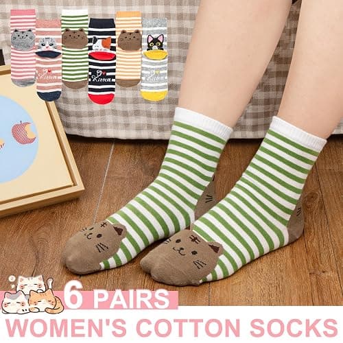 5-6 Pairs Women's Cute Cat Socks Gifts, Funny Novelty Animal Print Crew Cotton Socks Christmas Gifts for Women Girls thumbnail 3