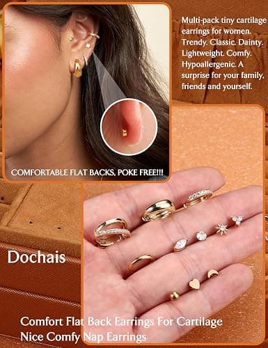 Dochais 14K Gold Plated Surgical Steel Earrings for Sensitive Ears 20G Flat Back Earrings Small Hoop for Women Trendy Dainty Cartilage Stacks Flatback Stud for Helix Multiple Piercing Jewelry thumbnail 6