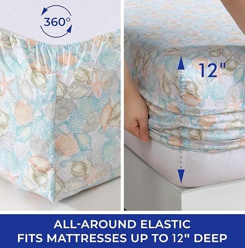 Coastal Print 3 Piece Twin Microfiber Sheet Set, Coco Pastel | Coastal/tropical theme polyester microfiber set with 12" deep pocket fitted elastic sheet thumbnail 6