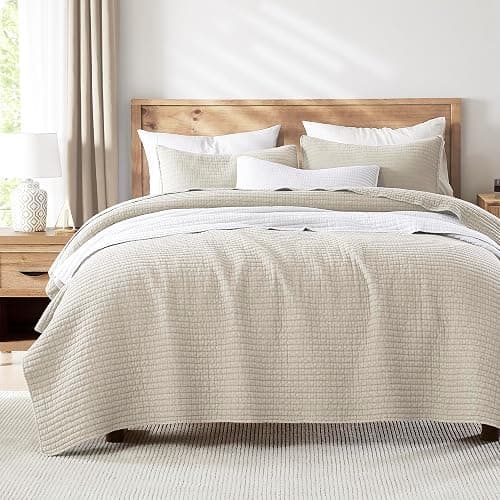 WDCOZY Beige Queen Size Quilt Set, Muslin Cotton Shell Down-Alt Poly Filling, Neutral Shabby Chic Rustic Farmhouse Country Bedspread, Textured Gauze Coverlet, Soft Lightweight Bedding, 2 Shams - Image 1