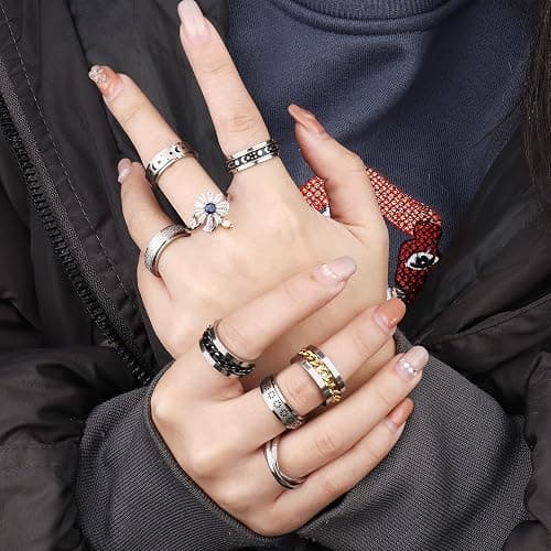 FASACCO 12Pcs Fidget Anxiety Rings for Women Men - Spinner Fidget Rings for Anxiety Relieving Stress Flower Moon Star Stainless Steel Rings Adjustable Size 5 thumbnail 2