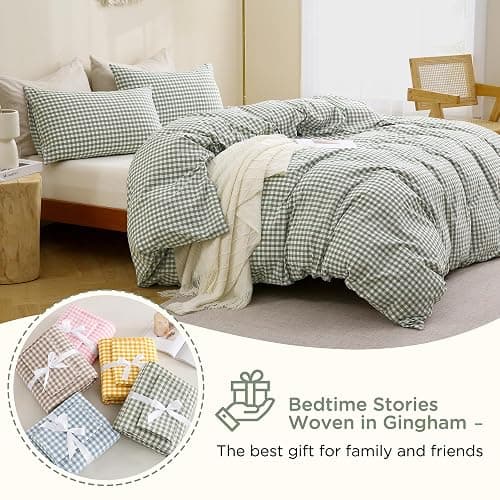 TOCOMOA Green Gingham Duvet Cover Bedding Set 100% Washed Cotton Like Linen Feel Super Soft Comfortable 3 Piece Vintage Plaid Checkered Comforter Cover Set (King 104"x90", Comforter Not Included) thumbnail 7