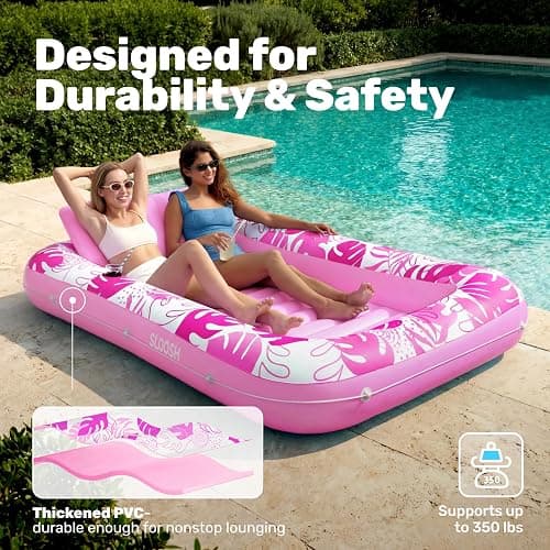 SLOOSH Inflatable Tanning Pool Lounger Float, 85" x 57" Extra Large Pool Floats Adult with Pillow, 4 in 1 Suntan Tub Raft Floatie,Sunbathing Bed Lounge Blow Up Ball Pit Party Gifts, XL-Hot Pink thumbnail 5