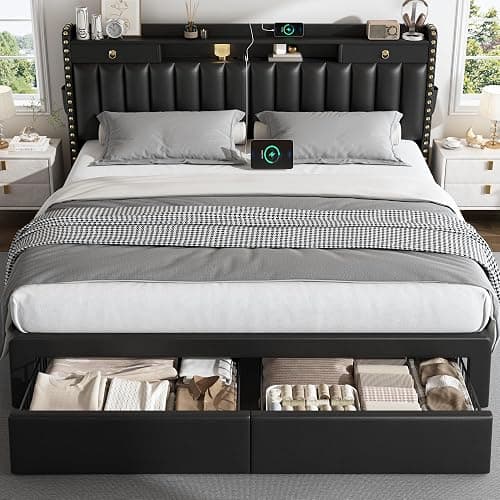 CypBed King Size Bed Frame with Headboard & 4-Storage Drawers, Upholstered | PU Leather Bed Frame with 3 USB & Type-C Charging Ports,Solid Wood Slats,No Box Spring Needed,Noise-Free,Black,Gift thumbnail 6