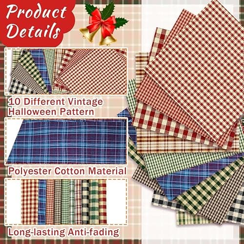 NEUJUS Baumwollstoff 50 x 50 cm Stoffpaket – Patchwork Stoffe Paket zum Nähen & Quilten, DIY Stoffreste Baumwollstoffe Meterware, Stoff Quadrate verschiedene Muster (10 Vintage-Weihnachtsraster) thumbnail 6