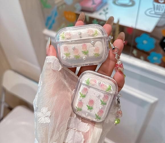 JANDM 3D Tulip for AirPods Pro 3 Case with Keychain, Clear Glitter Pink Floral Design, Shockproof Protective Cover for Women Girls with Flower Charm Strap thumbnail 3