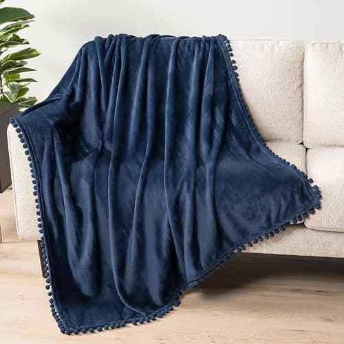 PAVILIA Fleece Throw Blanket for Couch with Pom Pom Fringe, Navy Blue, Soft Cozy Fuzzy Flannel Blanket for Sofa Bed, Lightweight Plush All Season Throw, 50x60 Inches thumbnail 3