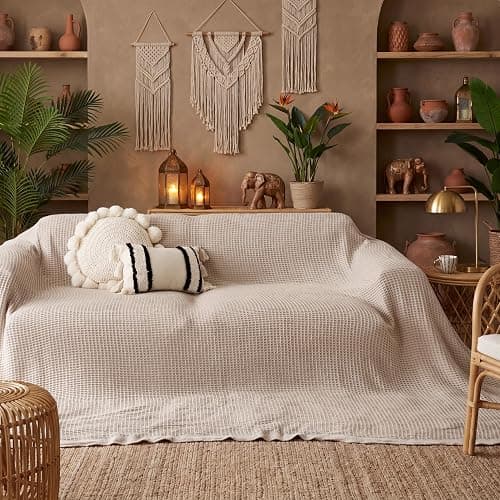 Bedsure 100% Cotton Big Oversized King Blanket, Waffle Weave, Beige | Breathable, Soft, Cozy, Thick, Waffle Texture, Fall, Summer Blanket for Bed, Gifts for Women, Machine Washable, 120"X94" thumbnail 6