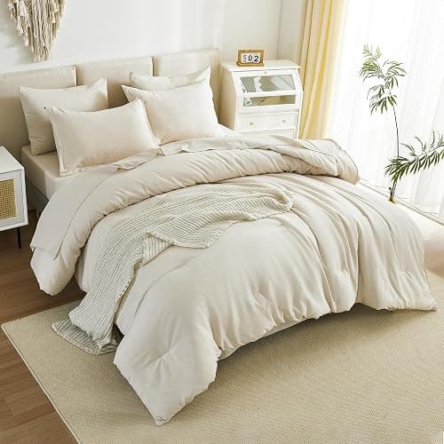 Litanika Beige Bed in a Bag Full - 7 Pieces Full Size Comforter Sets Bedding Comforter Sets, Solid Fluffy Bed Set with Comforter, Sheets, Pillowcases & Shams thumbnail 4