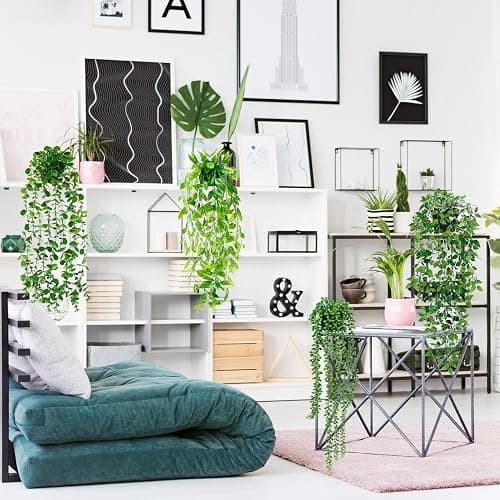 Palonu Artificial Hanging Plants for Shelf, 4 Pack Fake Potted Greenery Faux Eucalyptus Vine, Mandala Vine, String of Pearls,Pea pod Leaves in Pot for Office Living Room Bathroom Indoor Outdoor Décor thumbnail 2