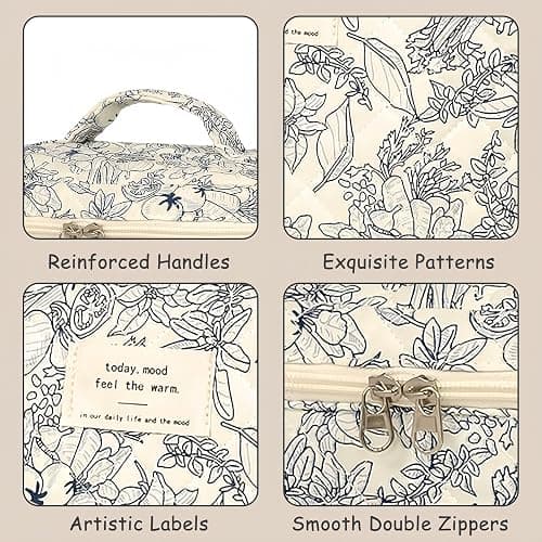 Aucuu Beauty Case, 3 Pieces Floral Large Capacity Makeup Bag, Quilted Toiletry Bag, Soft Cotton Travel Beauty Case, Large Quilted Toiletry Bag Makeup Bag Organizer, #5 Dark Blue Flowers, 3PCS thumbnail 4