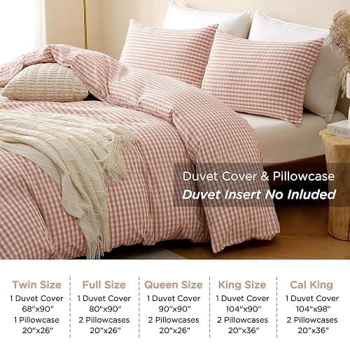 TOCOMOA Pink Tan Gingham Duvet Cover Bedding Set 100% Washed Cotton Like Linen Feel Super Soft Comfy 2 Piece Vintage Plaid Checkered Fall Comforter Cover Set (Twin 68"x90", Comforter Not Included) thumbnail 8