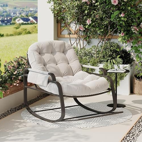 BHFFTHK Schaukelstuhl mit fußablage, Schaukelstuhl für drinnen & draußen, Schaukelsessel Wohnzimmer Relaxstuhl mit gepolsterter, bis 150 kg Belastbar für Garten, Wohnzimmer, Beige (Beige-C) thumbnail 5