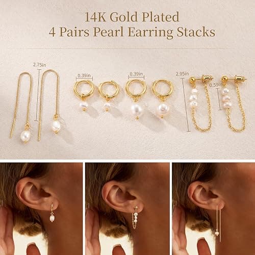Pearl Earring Stacks for Women – Dainty 14K Gold Plated Hypoallergenic Hoop & Dangle Earrings Set thumbnail 4