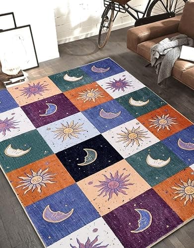 Boho Sun and Moon 3x5 Rug Washable Indoor Thin Doormat, Vintage Mystical Celestial Checkerboard Entryway Rugs Non Slip, Hippie Retro Aesthetic Cute Astrology Throw Rugs for Kitchen Bedroom thumbnail 2