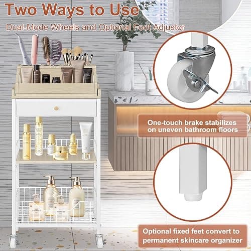NauwaBarn Makeup Organizer Cart with Removable Cosmetic Display Case, Large Makeup Cart with Drawer and 4 SS Tool Cups, 2-in-1 Vanity Organizer for Skincare Perfume Nail Polish Brush, White & Natural thumbnail 5
