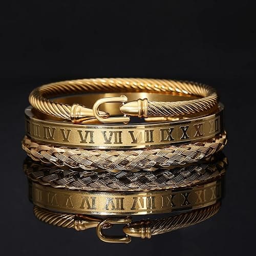 WFYOU 3PCS Stainless Steel Bracelets for Men Gold Roman Numeral Bangle Bracelet Twisted Cable Bracelet Adjustable Cuff Bracelet Mens Luxury Jewelry Bracelets Gifts thumbnail 6