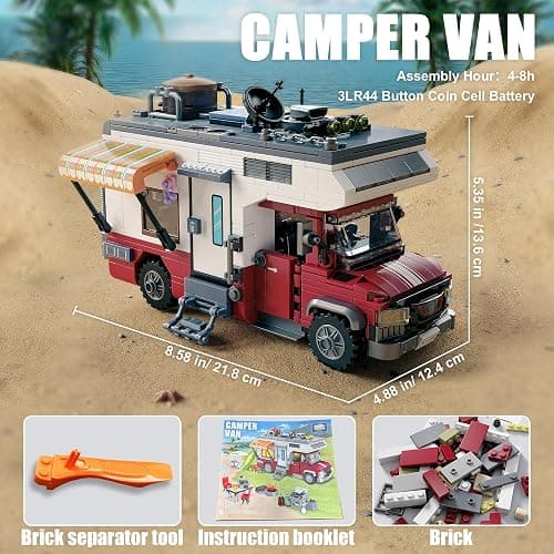 TYCOLE City Camper Van Building Set-Beach Camping Themed Construction Toy Kit with Mini Accessories&Lights, RV Car Model Compatible with Legos,Birthday Gift for Adults and Kids 6+(880 pcs) thumbnail 3