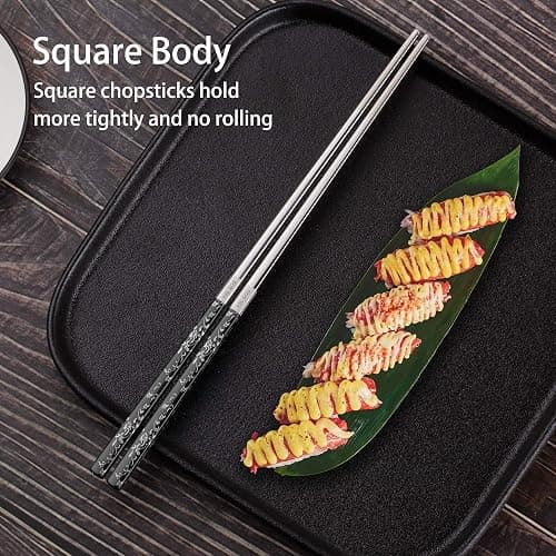 Stainless Steel Chopsticks Titanium Plated Metal Chopsticks Reusable Dishwasher safe Premium Japanese Korean Chopstick Laser Engraved Anti-slip Chop Sticks for Eating 2 Pairs Gift Set Black Silver thumbnail 4