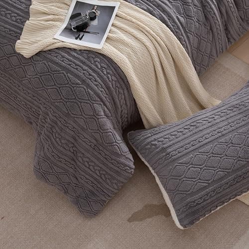 COTTEBED Reversible Sherpa Fluffy Comforter Queen Set, Boho Tufted Bedding Down Blanket Comforter Set, Ultra-Soft Washed Cotton Shabby Plush Fleece Sherpa Thick Warm for Winter Autumn, Grey Full Queen thumbnail 7