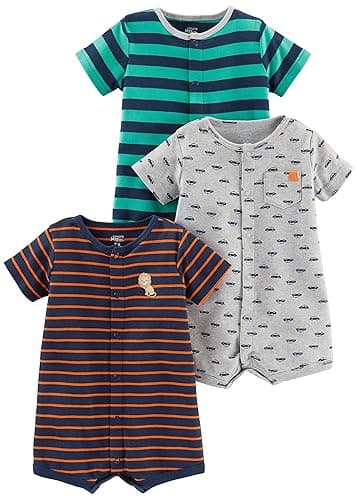 Simple Joys by Carter's Baby 3-Pack Snap-up Rompers - Grey Cars/Navy Lion/Turquoise Green Horizontal Stripe - 0-3 Months
