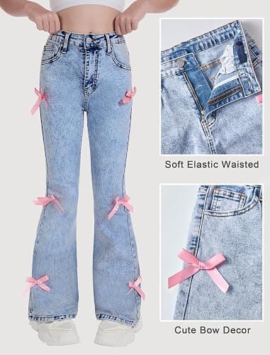 oyyniis Girls Jeans Flare/Bell Bottom Bow Jeans for Teen High Waist Cute Y2K Stretch Tween Denim Pants 8-16Y thumbnail 2