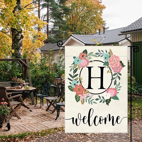 YeeCASE Monogram Letter Garden Flag Floral 12x18 Inch Double Sided for Outside Small Burlap Family Last Name Initial Yard Flag (H) thumbnail 4