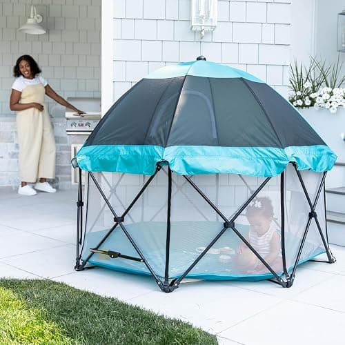 Regalo Safety My Play Deluxe Extra Large Baby Playpen & Portable Play Yard with Canopy, Foldable 8-Panel Indoor Outdoor Playpen for Babies & Toddlers, Mesh Sides, Washable Nylon Bottom, 62", Aqua thumbnail 8
