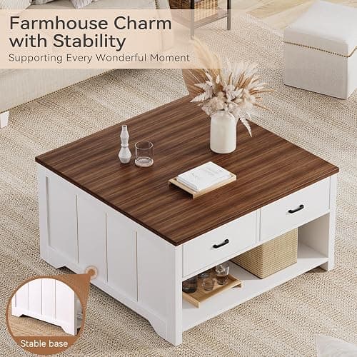 Vividwood Farmhouse Lift Top Coffee Table with Storage, Rustic Square Wood Coffee Table with Large Hidden Compartment & 2 Drawers & Open Shelf, Multifunctional Lift-Top Center Table for Living Room thumbnail 7