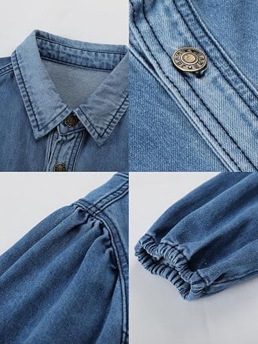 Gozoloma Women's Denim Dress Long Balloon Sleeves Button Down A Line Swing Ruffle Jean Mini Babydoll Dress with Chest Pocket thumbnail 6