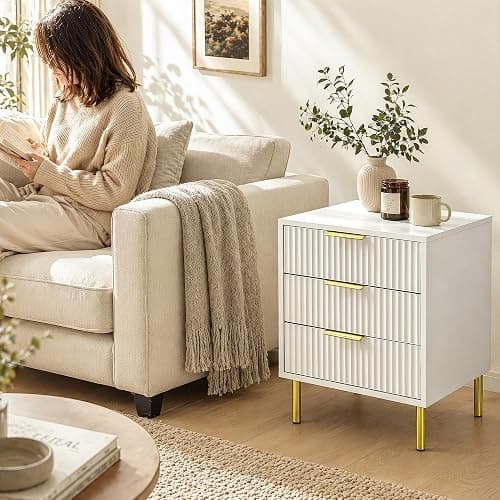 RIHHA White and Gold Nightstands Set of 2, 24" Tall Fluted Bedside Tables with 3 Drawers and Gold Handles, Ribbed Side Table Pair thumbnail 8
