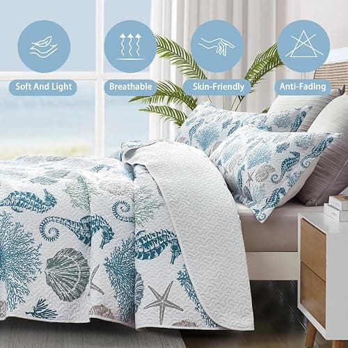 weesire Coastal Bedding Queen Size Coastal Quilt with 2 Shams, Nautical Beach Comforter Sets Ocean Bedspreads Blue Seahorse Coverlet Summer Bedding, 90''x96'' thumbnail 5