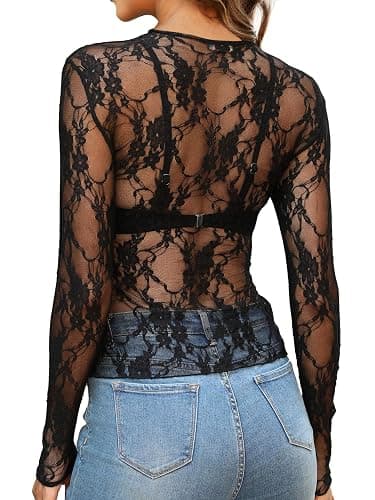 OFEEFAN Womens Mesh Tops Lace Long Sleeve Shirts Crewneck Slim Fitted Outfits See Through Blouses thumbnail 4