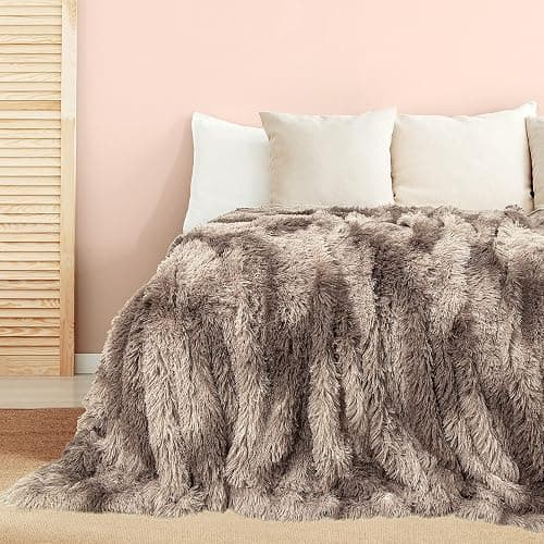 Tuddrom Decorative Extra Soft Faux Fur Blanket Queen Size 80" x 90", Solid Reversible Fuzzy Long Hair Shaggy, Fluffy Plush Fleece Comfy Microfiber Fur for Couch, Sofa, Bed, Tie Dye Brown thumbnail 2