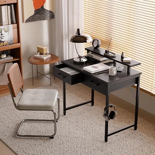 Pamray 32 Inch Small Computer Desk with Monitor Stand Home Office Desks with 2 Drawers for Bedroom Study Writing and Work Table for Small Spaces Black thumbnail 2