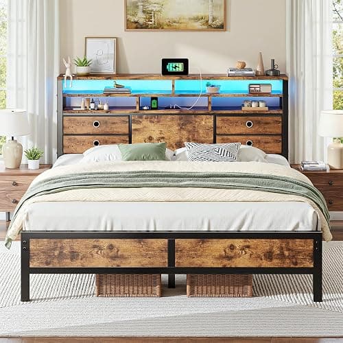Homkdom Queen Bed Frame with 4 Drawers, Charge Station & LED Lights, Brown | Storage Headboard with 3-tier Shelves, Heavy-duty metal loads 880lbs, Noise-free, No box spring needed, Easy assembly - Image 1