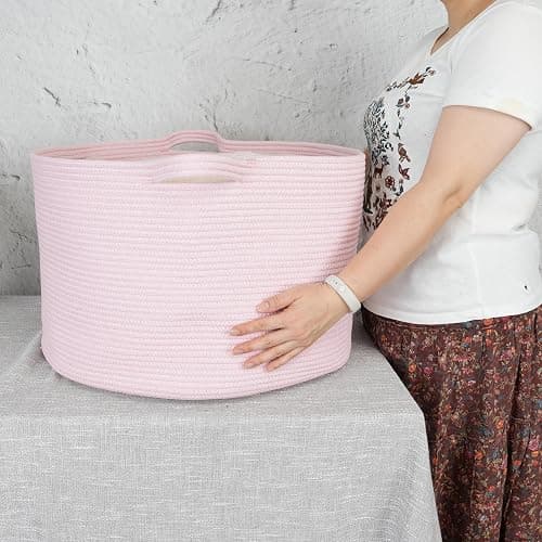 XUANGUO Large Cotton Rope Basket Blankets Basket Living Room 22"x14" Toy Baskets for Kids and Dogs Rope Storage Baskets for Nursery Woven Laundry Baskets for Clothes Towels Baby Toy Storage Round pink thumbnail 2
