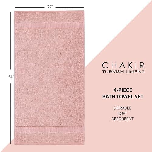 Chakir Turkish Linens 4 Piece Bath Towel Set, 100% Cotton Luxury Turkish Towels for Bathroom, Soft Absorbent Bath Towels, 27 x 54 Inches, Pink thumbnail 3