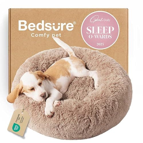 Bedsure Calming Dog Bed for Small Dogs - Donut Washable Small Puppy Bed, 23 inches Anti-Slip Round Fluffy Plush Faux Fur Large Cat Bed, Fits up to 25 lbs Pets, Camel - Image 1