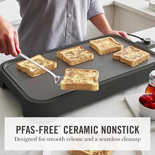 Martha Stewart 12"x 22" XL Electric Griddle, Ceramic Nonstick Flat Top | PFAS-Free Nonstick Grill, XL Cooking Surface for Pancakes & Eggs, Adjustable Temp Dial, Drip Tray, 1500W Heating, Caviar Gray thumbnail 4