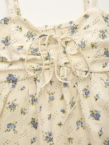 CIDER Floral Print Tie Sweetheart Neck Ruffle Hem Shirred Cami Top Sleeveless Casual Cute Women's Tops thumbnail 2