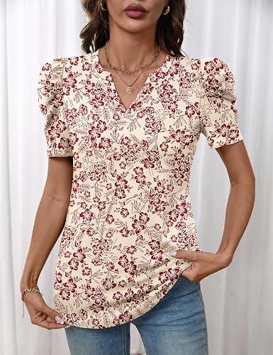 LOMON Spring Summer Tops for Women 2026 V Neck Puff Short Sleeve Tops Fashion Trendy Work Blouses Dressy Casual S-XXL thumbnail 5