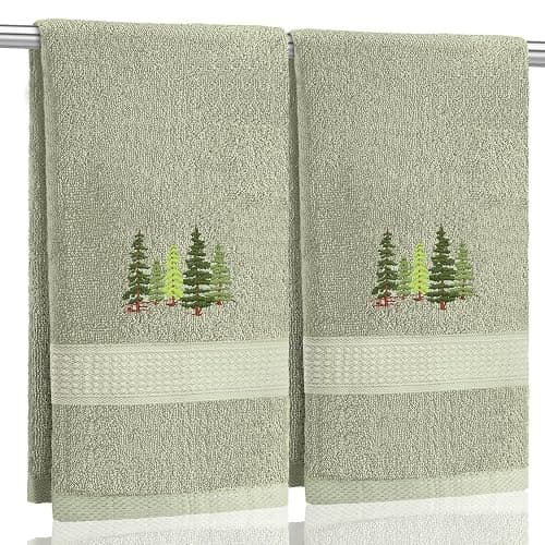 SmoothNovelty 2 Pcs Forest Hand Towels Gray Green Bathroom Decor 14x29 Inch Embroidered 100% Cotton Soft Absorbent Nature Scene Decorative Hand Towels for Bathroom Kitchen - Image 1