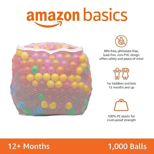 Amazon Basics BPA Free Crush-Proof Plastic Ball, Pit Balls with Storage Bag, for Toddlers Kids 12+ Months Play, Pack of 1000 Balls, 6 Bright Colors thumbnail 3
