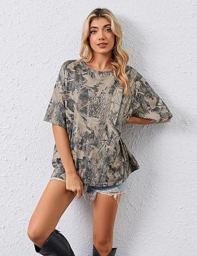 calbatic Camo Print Oversized T Shirts for Women Short Sleeve Graphic Print Crew Neck Baggy Shirts Cute Tunic Tee Tops thumbnail 3