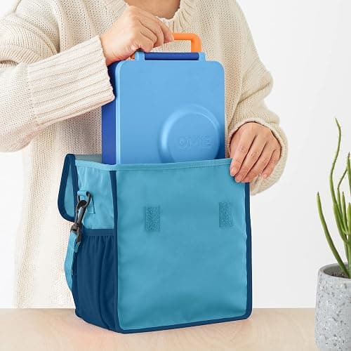 Omie OmieBox Lunch Bag - Washable, Foldable, Durable, WaterResistant Fabric with Interior Pocket and External Bottle Holder (Blue) thumbnail 2