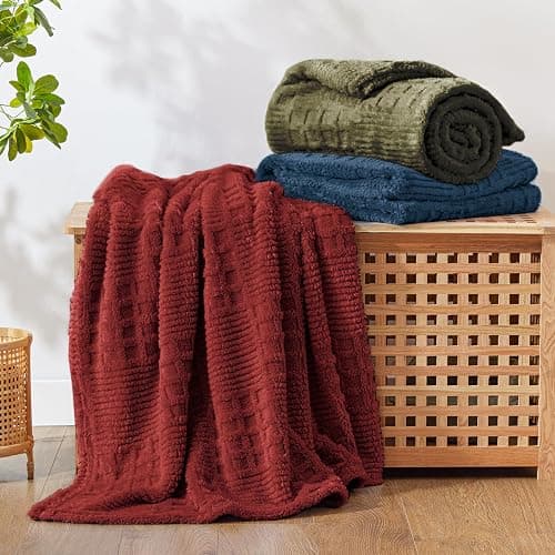 EXQ Home Fleece Throw Blanket for Couch or Bed - 3D Waffle Patchwork Pattern Jacquard Decorative Blankets - Cozy Soft Lightweight Fuzzy Flannel Blanket Suitable for All Seasons(50"×60",Red) thumbnail 7